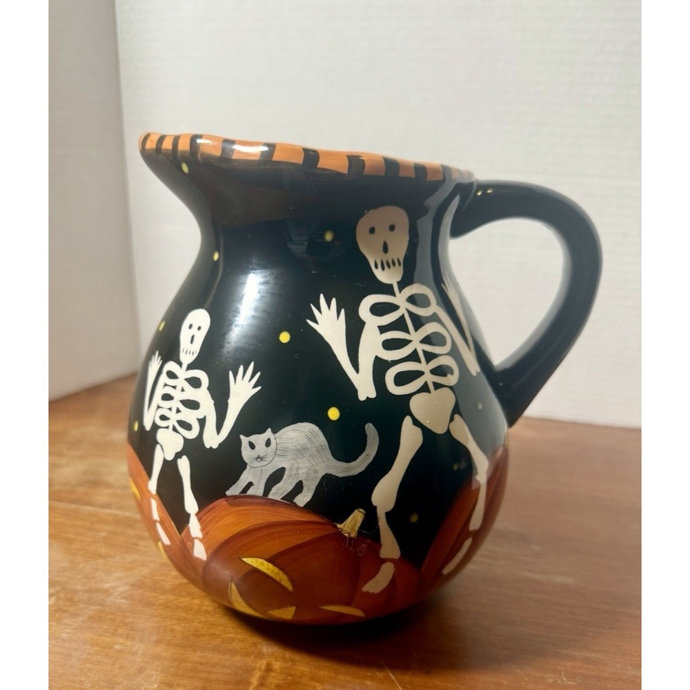 GATES WARE Halloween Pitcher Skeleton Pumpkin Cats 8"